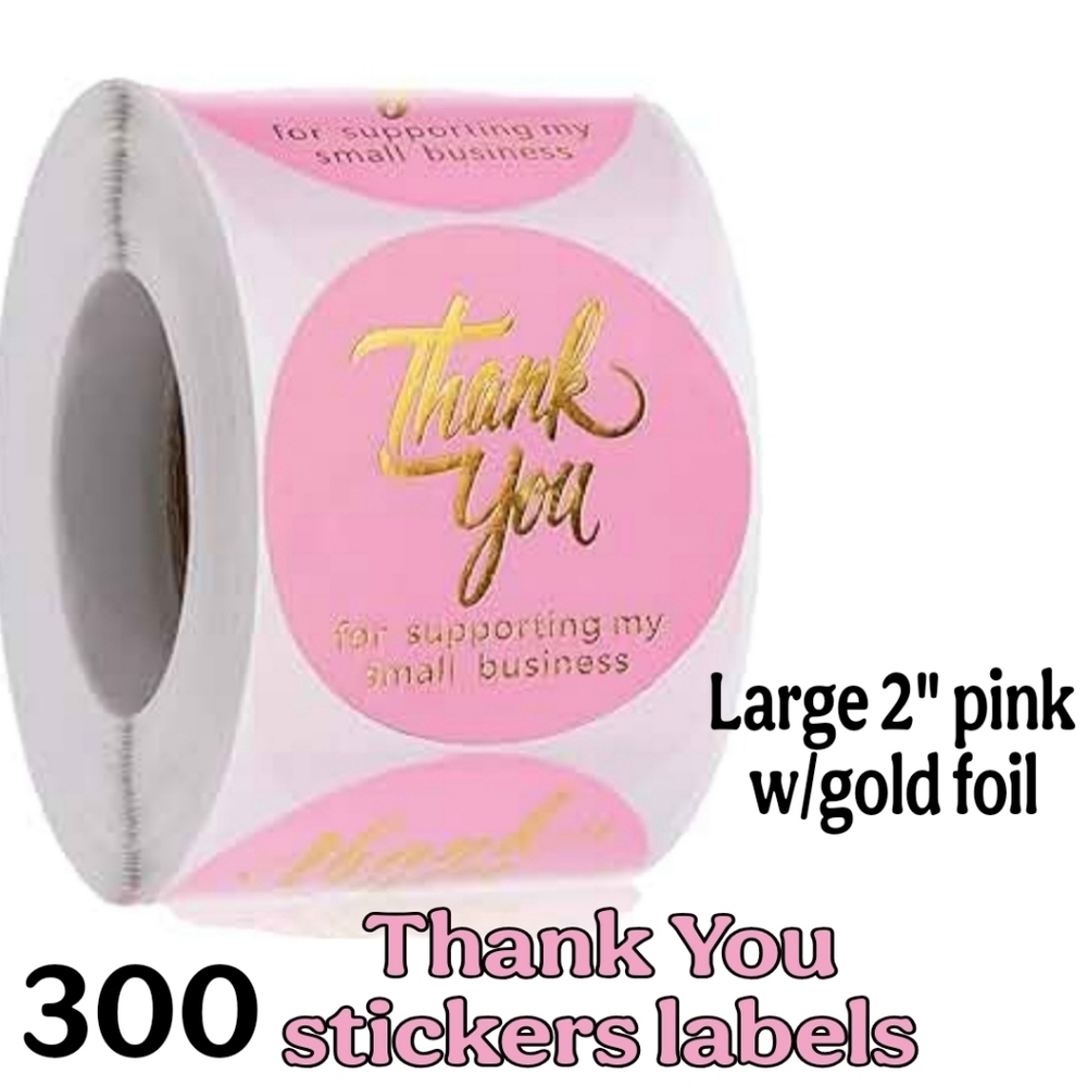LARGE 2" PINK THANK YOU STICKERS LABELS WITH GOLD FOIL 300 PC ROLL. Please Bunde